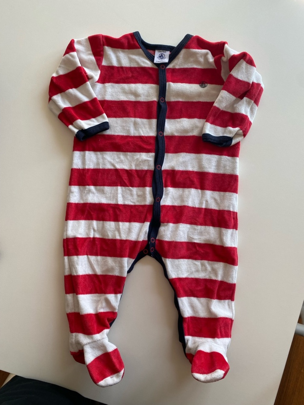 Petit Bateau Red & White Striped Footed One-Piece with Navy Trim